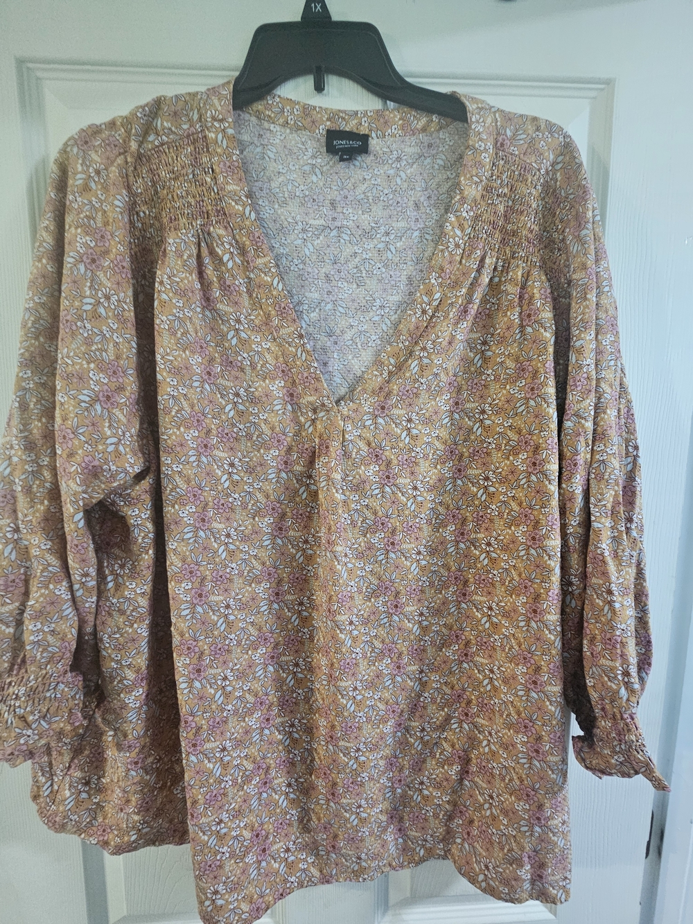 Jones New York Orange and Pink Floral V-Neck Peasant Blouse
